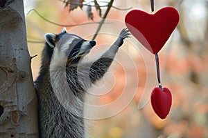 raccoon reaching for a hanging heart ornament from a tree