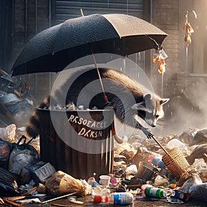 A raccoon rummaging through garbage with an umbrella propped up photo