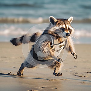 Raccoon running along a sandy beach at sunrise, enjoying a morning stroll