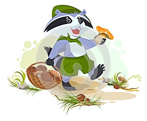 Raccoon scout collects mushrooms. Mushroomer picker with basket