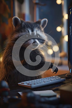 Raccoon sits at desk with computer monitor, intently focused on screen. Seated in front of keyboard, mouse, and lamp, raccoon photo