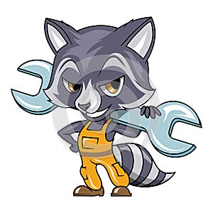 Raccoon with a spanner. Vector illustration of a funny animals. Wild animal, beautiful, predator, zoo. Nature, portrait