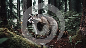 A raccoon standing on a tree stump in a forest. Generative AI image.