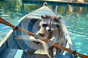 raccoon steering a rowboat with oars, clear blue water around