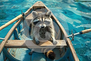 raccoon steering a rowboat with oars, clear blue water around