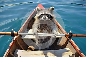 raccoon steering a rowboat with oars, clear blue water around