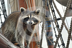 raccoon on a tall ship, standing next to mast, sails up