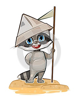 Raccoon is traveler. Child Game. Look for pirate treasures on island and have fun in sea adventures. Cute baby animal