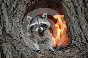 raccoon in tree hollow, glowing forest fire nearby