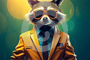 Raccoon in vintage cartoon style, dons blue suit, tie, large glasses