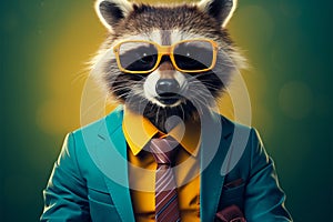 Raccoon in vintage cartoon style, dons blue suit, tie, large glasses