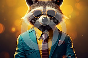 Raccoon in vintage cartoon style, dons blue suit, tie, large glasses