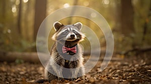 A raccoon wearing a bow tie. Fancy raccoon posing in the jungle with soft lighting.