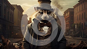 A raccoon wearing a top hat and coat