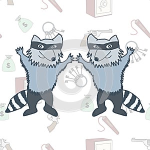 Raccoons robbers in a mask on the seamless background