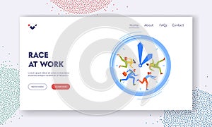 Race ar Work Landing Page Template. Hurrying Businessman Running Fast in Huge Alarm Clock Hurry at Work, Time Management