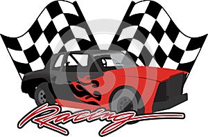 Race car with checkered flags