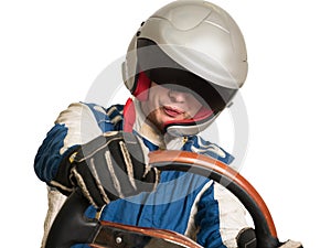 Race car driver in the helmet while driving. On a white background