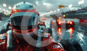 Race car driver wearing racing suit and helmet racing on wet asphalt with his car rear view motion blur