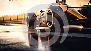 A race car driving along during sunset, rim light, low-angle, light yellow and dark white, Generative AI