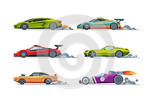 Race Car Driving with High Speed Along Racetrack Vector Set