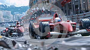 Race car in motion on track with intense race action and focused driver. High-adrenaline scene for a racing event cover.