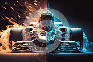 race car rally concept with sparks and speed racing double exposure
