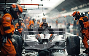 A race car receives critical maintenance during a pit stop on a rainy day, with focused mechanics in orange attire.