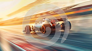 A race car is speeding down a track