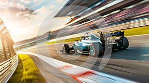 A race car is speeding down a track