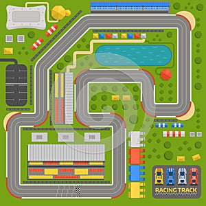 Race car sport track curve road vector. Top view of car sport competition constructor symbols. Circuit transportation