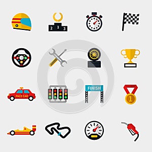 Race car track and racing flag modern flat icons