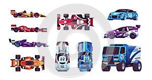 Race cars. Cartoon automobiles. Racing trucks and bolides. High-speed transport. Top and side views of driving vehicles set.