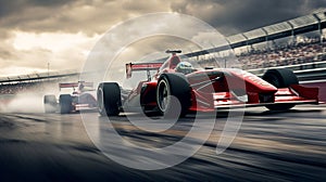 The race cars are racing past an empty grand stand in slightly wet conditions,  under a bright and cloudy sky. Generate AI