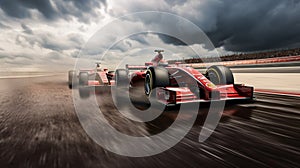 The race cars are racing past an empty grand stand in slightly wet conditions,  under a bright and cloudy sky. Generate AI