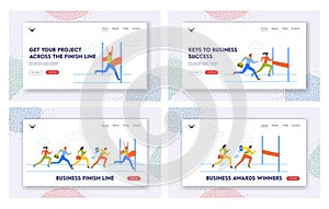 Race Challenge Landing Page Template Set. Business People Characters Run, Following Businessman Crossing Finish Line