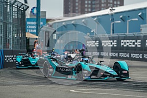 Race Champion Sam Bird 10 of Jaguar Racing Team driving Formula E car leading 2021 ABB Formula E World Championship NY E-Prix