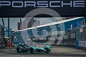 Race Champion Sam Bird 10 of Jaguar Racing Team driving Formula E car leading 2021 ABB Formula E World Championship NY E-Prix