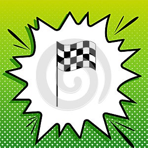 Race checkered flag sign. Black Icon on white popart Splash at green background with white spots. Illustration