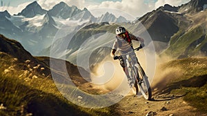 Race cyclist on mountain trail, person riding sports bike in summer