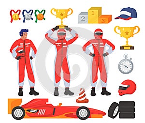 Race driver set, flat vector isolated illustration. Car driver, racer wearing costume. Racing gear and equipment.