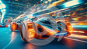 Race of futuristic hovecars. AI generated