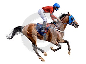 Race horse. Horse racing jockey. Sport. Equestrian. Isolated. White background.