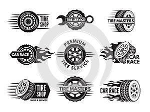 Race logos with pictures of different cars wheels