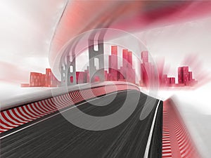 Race motorways leading to modern city in motion blur render