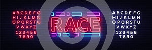 Race neon sign vector. Racing design template neon sign, light banner, neon signboard, nightly bright advertising, light