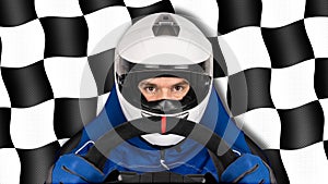 Race or rallye driver blue overall suit with steering wheel and crash helmet in racing seat isolated black white chequered flag