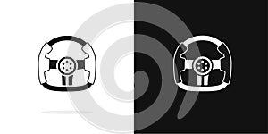 Race steering wheel black and white icon vector shape silhouette logo element isolated on dark and light background