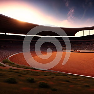 Race Track Arena with Spotlights. Empty Racing track with grandstands, shooting in the middle of the racing track and st