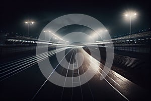 race track at night, with lights illuminating the way and spectators in the stands